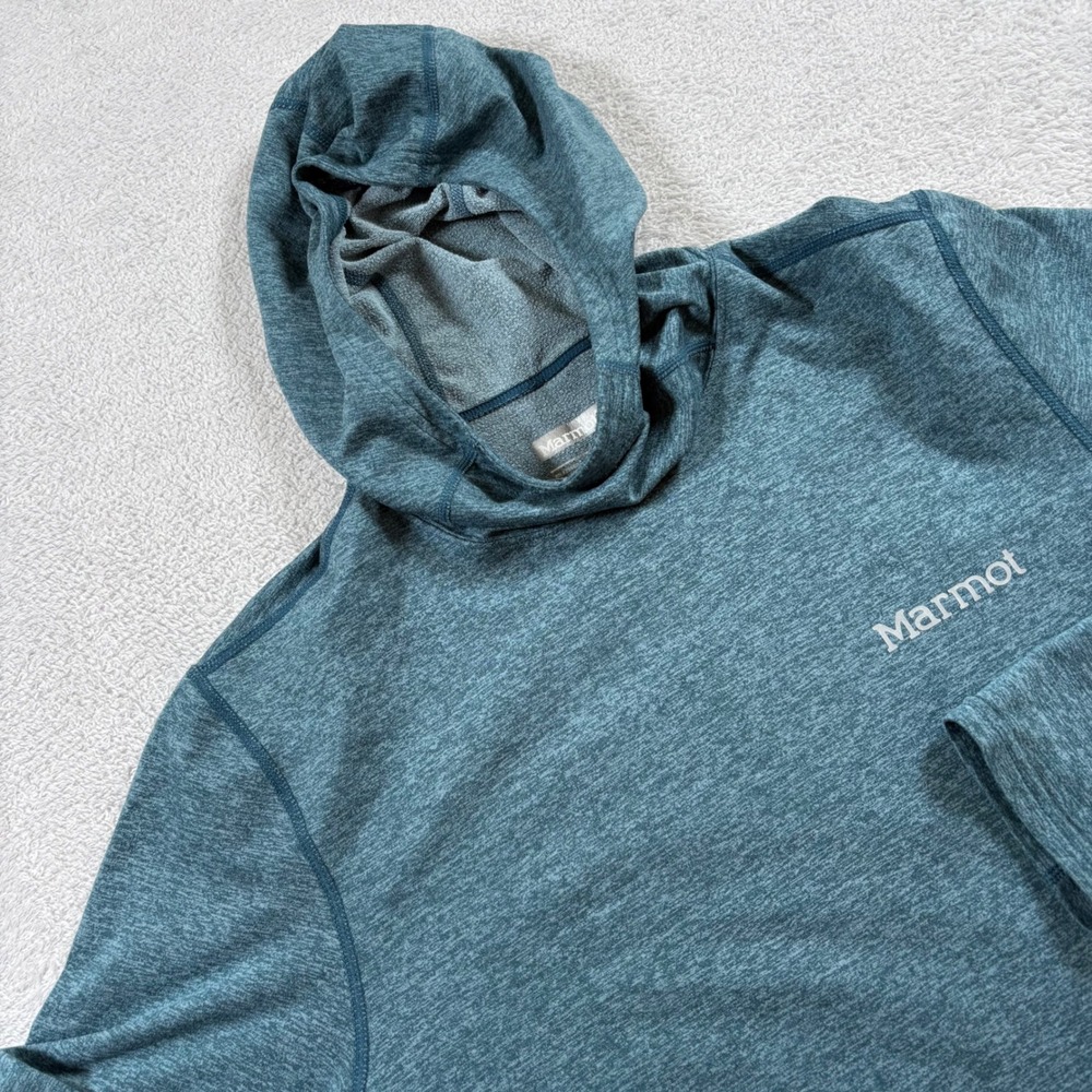 Marmot Mens Heathered Teal Blue Long Sleeve Hooded Performance Shirt Small